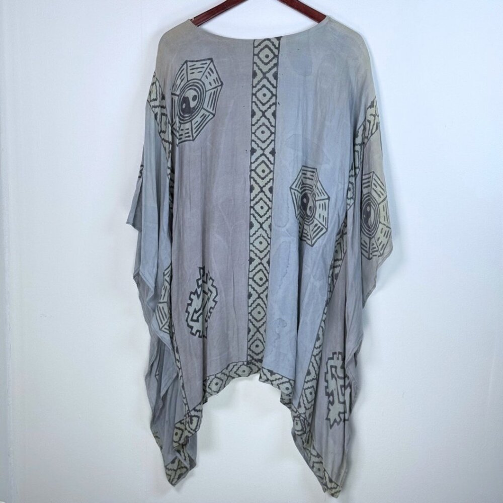 Vintage Handmade Blue Ying Yang Tunic Shirt Kaftan Oversized Hippie Lagen Flawed
